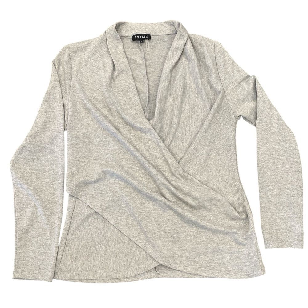 1. State NWOT Grey Cross Faux Wrap Sweater Fitted Women’s Size Large Stretch